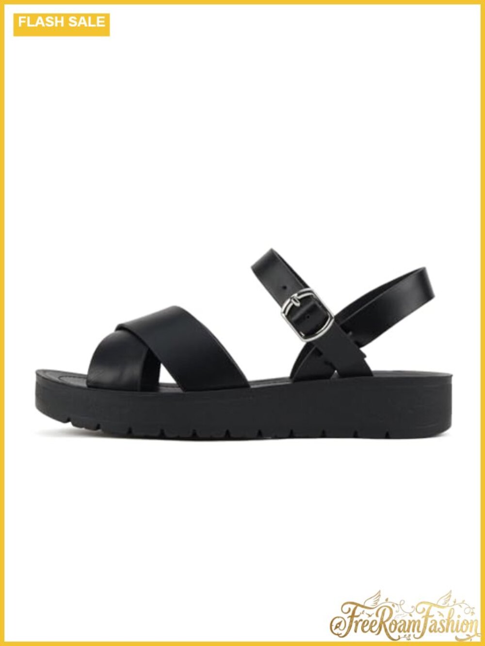 Women Flat Sandals Flatform Ankle Buckle Criss Cross Vegan Leather